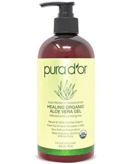 PURA D’OR Organic Aloe Vera Gel Lemongrass (16oz) All Natural – ZERO Artificial Preservatives – Deeply Hydrating & Moisturizing – Sunburn, Bug Bites, Rashes, Small Cuts, Eczema Relief – Skin & Hair
