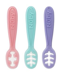 Nuby 3 Stage Baby’s First Spoons with Easy Grip Handle, 3 Pack Kid’s Feeding Utensil Set, 6 Months+, Girl