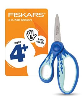 Fiskars Kids Scissors, Left Handed Scissors for Kids, Scissors for school, SoftGrip, 5 Inch, Blue Lightning