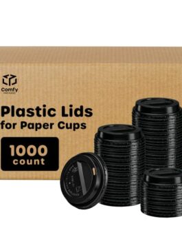 [Bulk Case of 10/100 Count] Disposable Plastic Dome Lids for 10, 12, 16, & 20 oz. Paper Hot Coffee Cup – Black