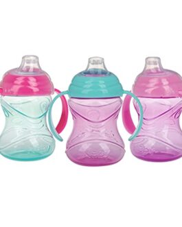 Nuby 3 Piece No-Spill Grip N’ Sip Cup with Soft Flex Spout, 2 Handle with Clik It Lock Feature, Girl,10 Ounce