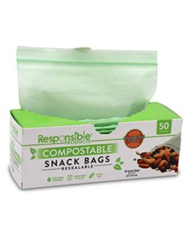 Responsible Products Certified Compostable SNACK Resealable Zip Bag, Extra Strength Food Bags, Plant-Based Freezer-Safe (50 Pack)