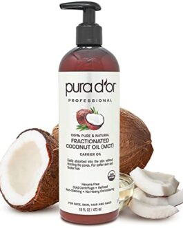 PURA D’OR Organic Fractionated Coconut Oil (16oz) USDA Certified 100% Pure & Natural Carrier Oil – Moisturizing For Face, Skin & Hair, Men & Women (Packaging may vary)