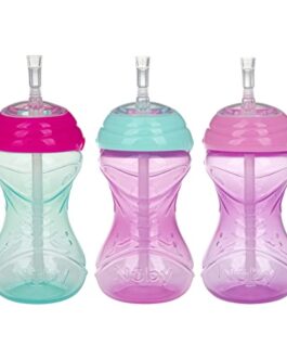 Nuby 3 Piece No-Spill Easy Grip Cup with Flex Straw, Clik It Lock Feature, Girl, 10 Ounce