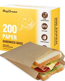 BagDream Paper Sandwich Bags 7.9×6.3×1.96″ 200ct Recyclable Kitchens Paper Sack Sandwich Bags, Sealable with Thank You Stickers, Unbleached Natural Kraft Paper Bags