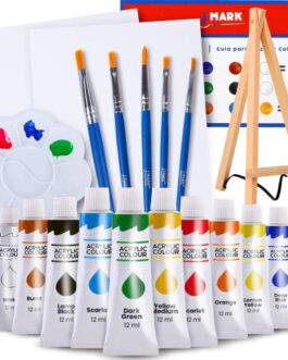 J MARK Paint Kit, 22 Piece Set Acrylic Canvas Painting Kit with Wood Easel, 8×10 inch Canvases, 12 Non Toxic Washable Paints, 5 Brushes, Palette and Color Mixing Guide