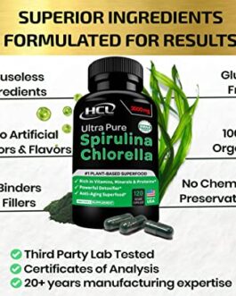 Chlorella Spirulina Powder Capsules Organic – 3000 mg of BMAA Free Purest Blue Green Algae – Best Raw Vegan Protein Green Superfood Broken Cell Wall – Made in USA