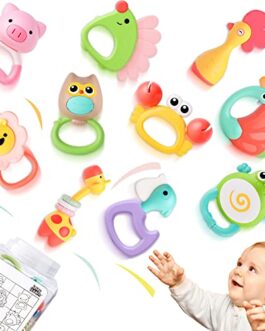 iPlay, iLearn 10pcs Baby Teething Rattle Toys, Infant Gift Set for 6-12 Month, Bulk Animal Rattles W/ Container, Newborn Sensory Early Development Toy for 0 2 3 4 5 7 8 9 10 Months Old Babies Girl Boy