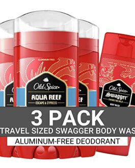 Old Spice Men’s Deodorant Aluminum-Free Aqua Reef, 3.0oz Pack of 3 with Travel-Sized Swagger Body Wash