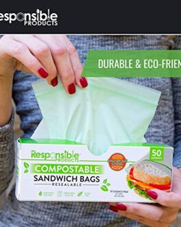 Responsible Products Certified Compostable SNACK Resealable Zip Bag, Extra Strength Food Bags, Plant-Based Freezer-Safe (50 Pack)