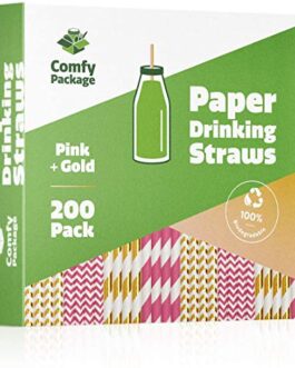 [200 Pack] Hot Pink & Gold Paper Drinking Straws 100% Biodegradable Multi-Pattern Party Straws