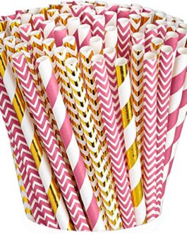 [200 Pack] Hot Pink & Gold Paper Drinking Straws 100% Biodegradable Multi-Pattern Party Straws